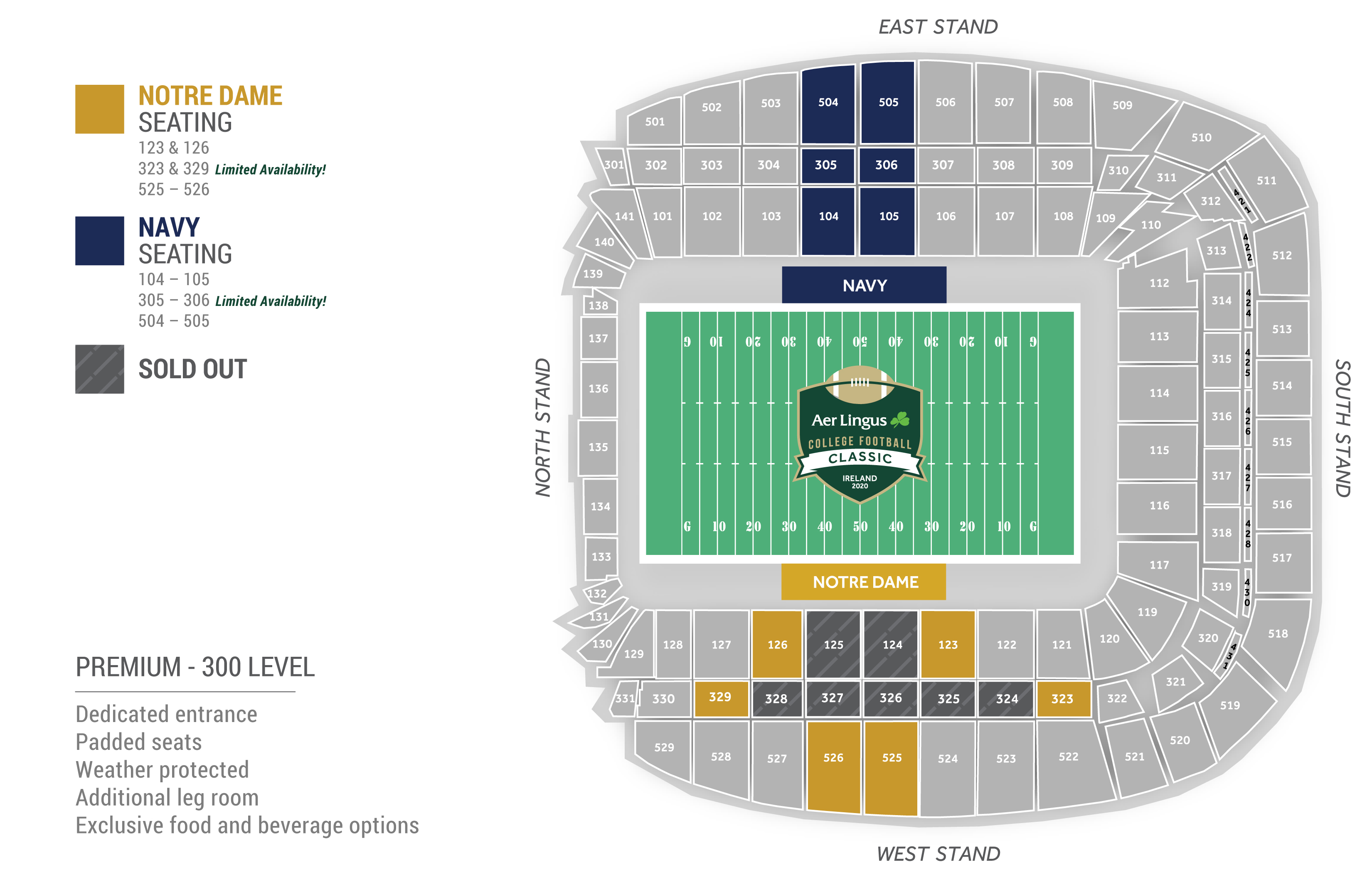 Aviva Stadium Seating Map 11 12 18 Official Notre Dame Ireland Ticket Packages